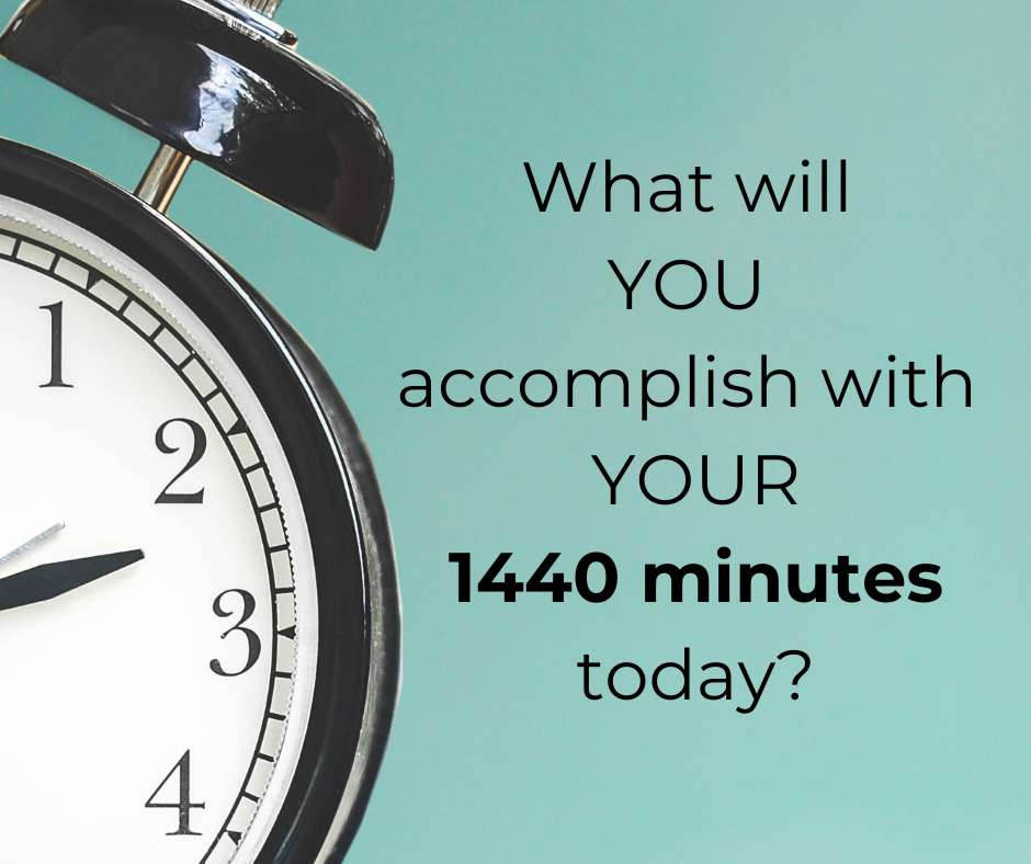 Image with a clock and a teal background and words that say "What will you accomplish with your 1440 minutes today?"